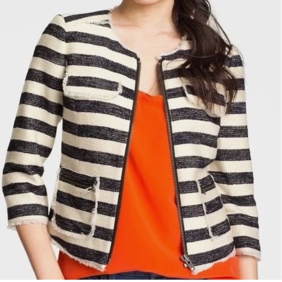 HALOGEN  Tweed Nautical Striped Navy Blue & Ivory Cropped Blazer - Picture 1 of 13